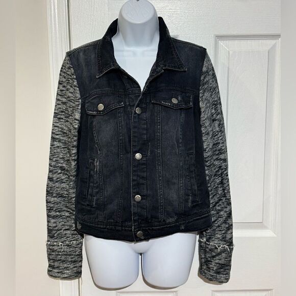 Free People Black Distressed Denim Jacket with Knit Sleeves size M - Picture 1 of 10